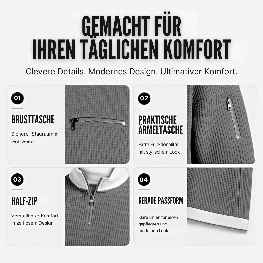 Nico | Waffelstrick-Pullover mit halbem Reißverschluss