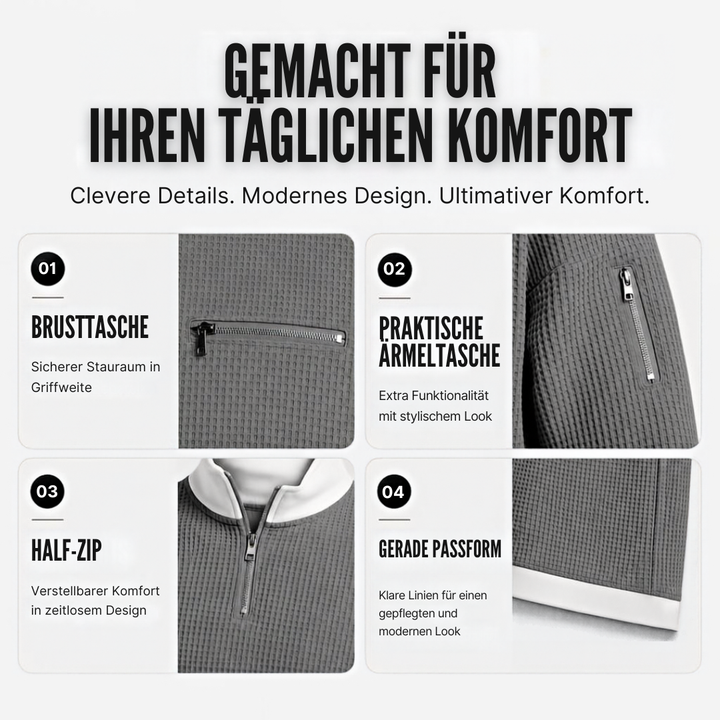 Nico | Waffelstrick-Pullover mit halbem Reißverschluss