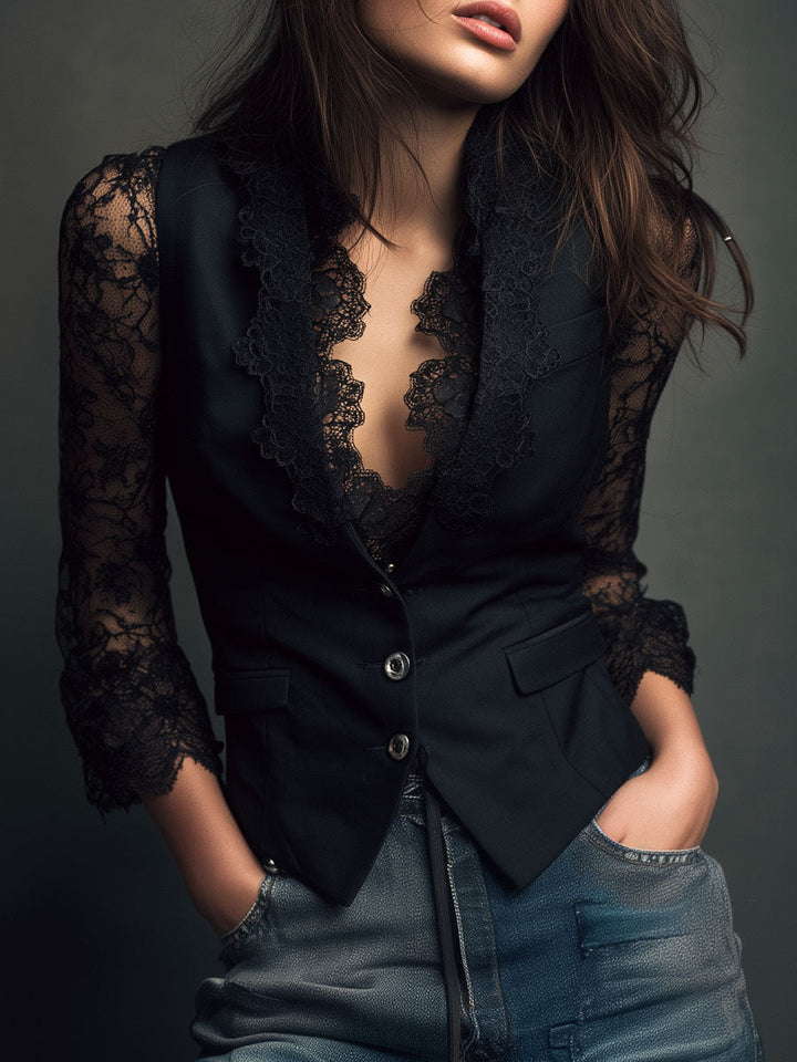 Noémie | Hoher Schwarzer Blazer mit Halbtransparenten Ärmeln