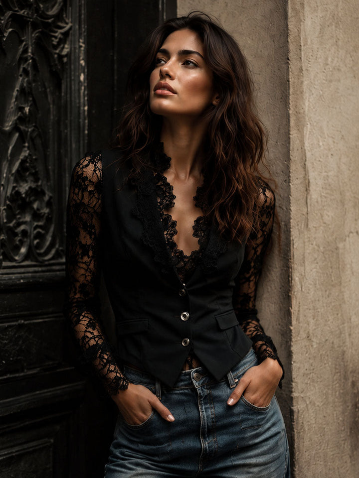 Noémie | Hoher Schwarzer Blazer mit Halbtransparenten Ärmeln
