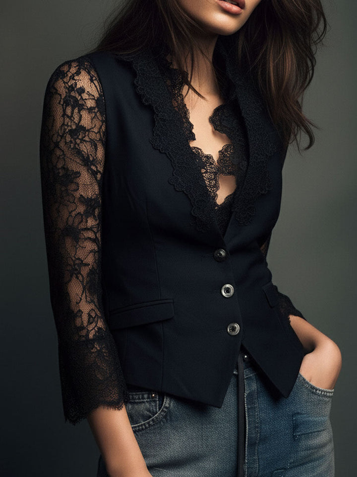 Noémie | Hoher Schwarzer Blazer mit Halbtransparenten Ärmeln
