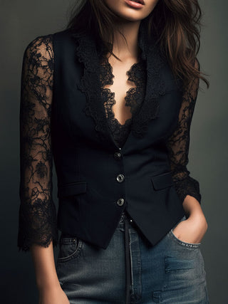 Noémie | Hoher Schwarzer Blazer mit Halbtransparenten Ärmeln