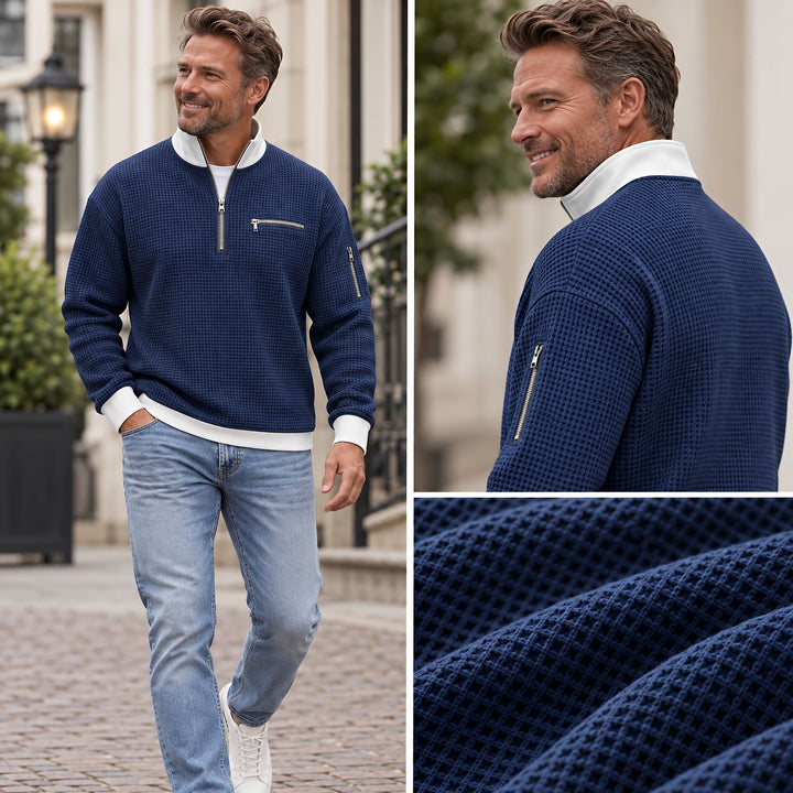 Nico | Waffelstrick-Pullover mit halbem Reißverschluss