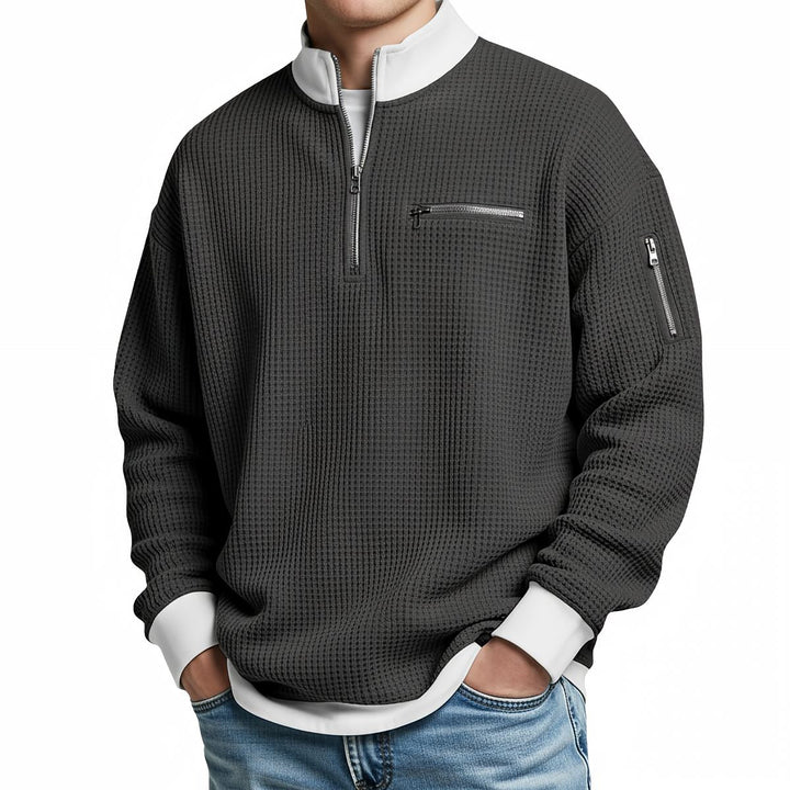 Nico | Waffelstrick-Pullover mit halbem Reißverschluss