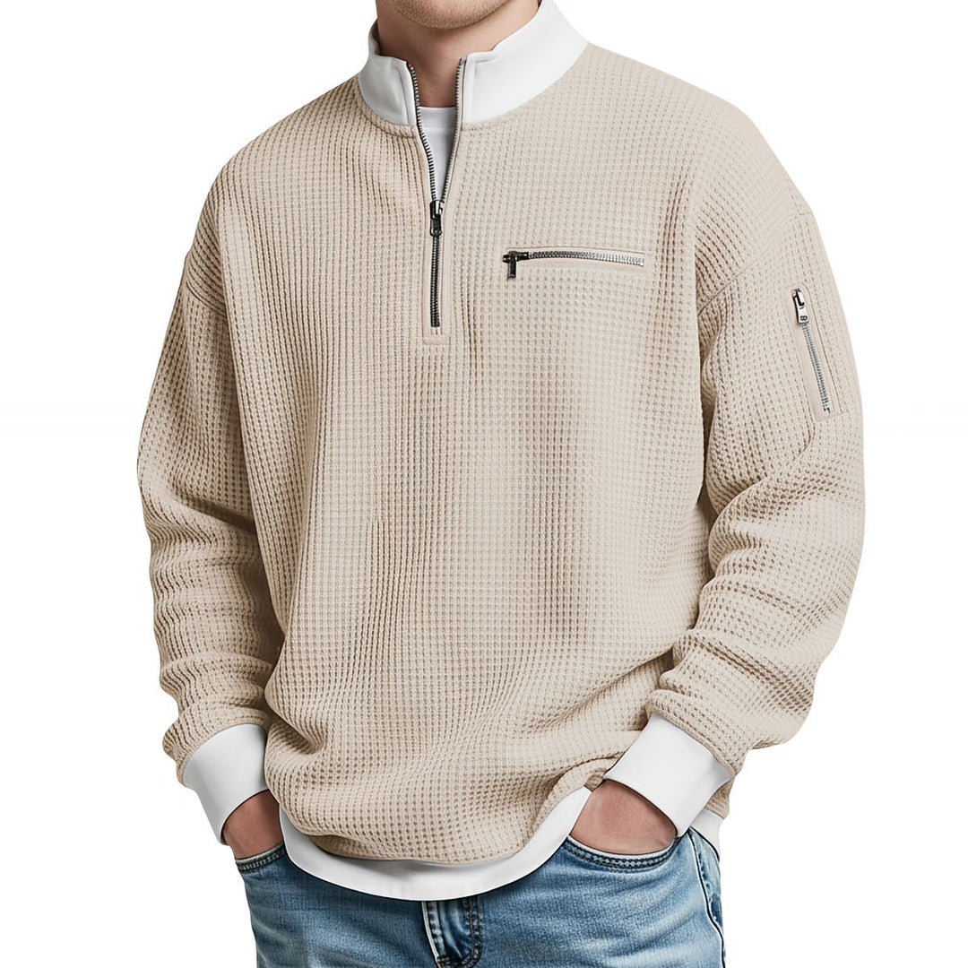 Nico | Waffelstrick-Pullover mit halbem Reißverschluss