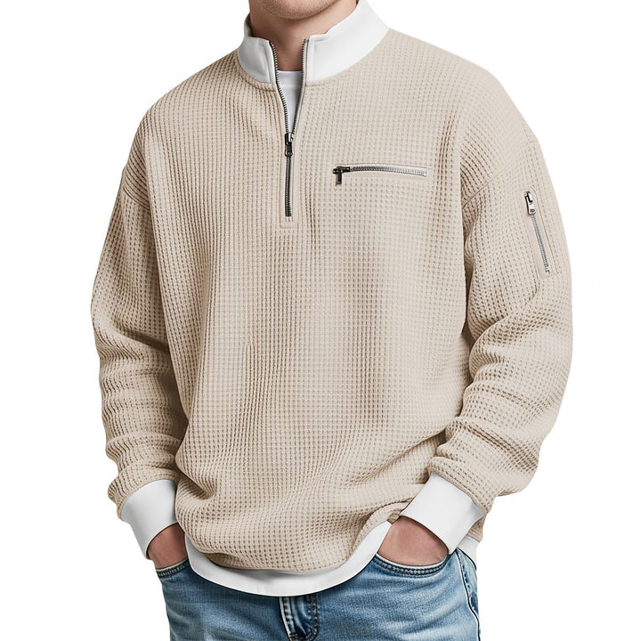 Nico | Waffelstrick-Pullover mit halbem Reißverschluss