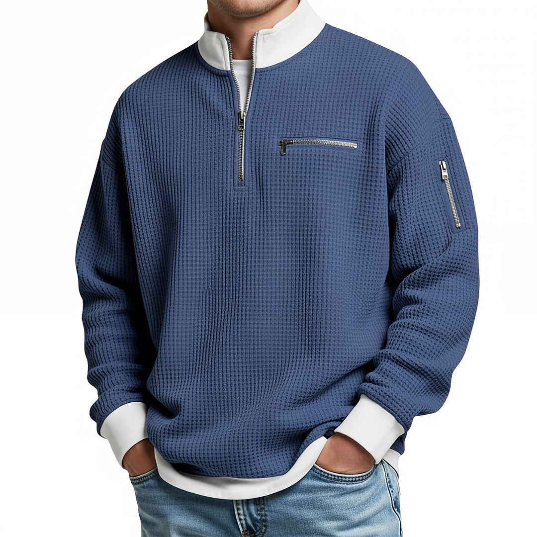 Nico | Waffelstrick-Pullover mit halbem Reißverschluss