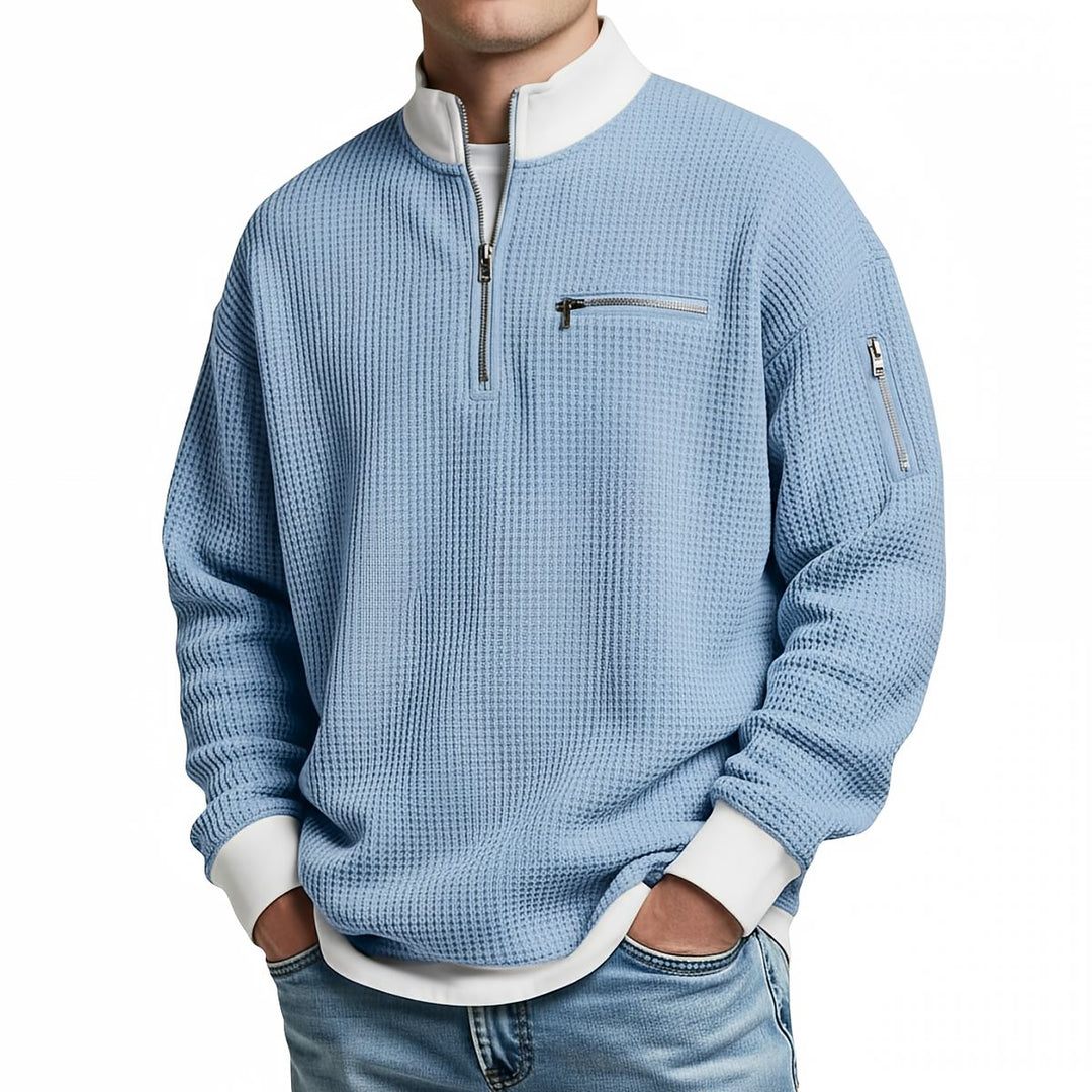 Nico | Waffelstrick-Pullover mit halbem Reißverschluss