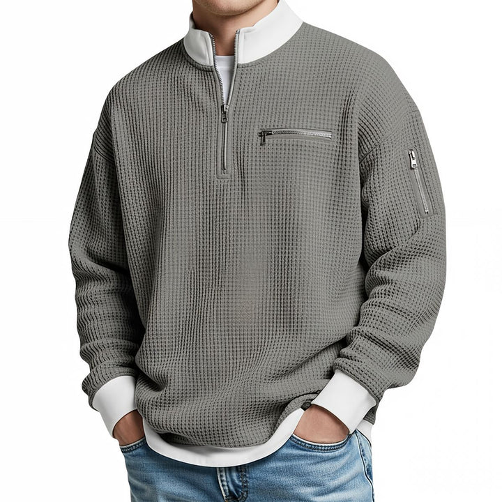 Nico | Waffelstrick-Pullover mit halbem Reißverschluss