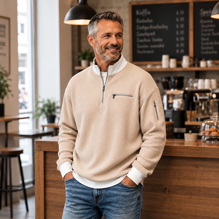 Nico | Waffelstrick-Pullover mit halbem Reißverschluss