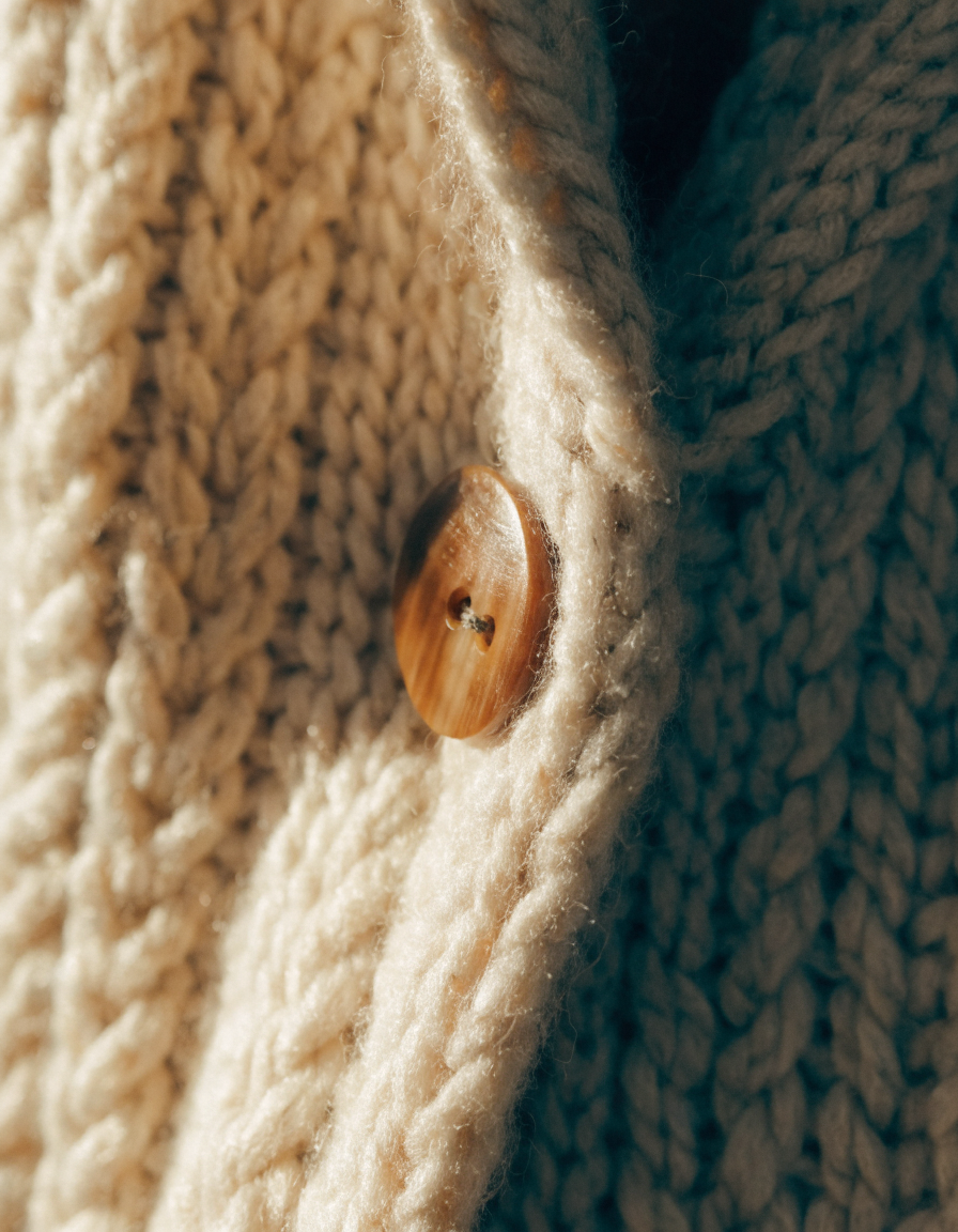 Lena Strickcardigan – Detailaufnahme Grobstrick und Hornknopf