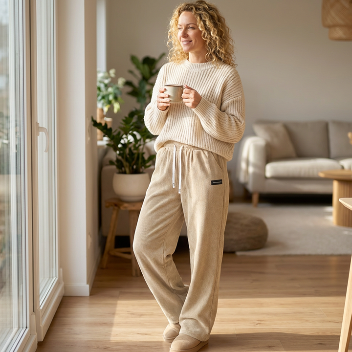 Damen Cordhose mit weitem Bein und Kordelzug
